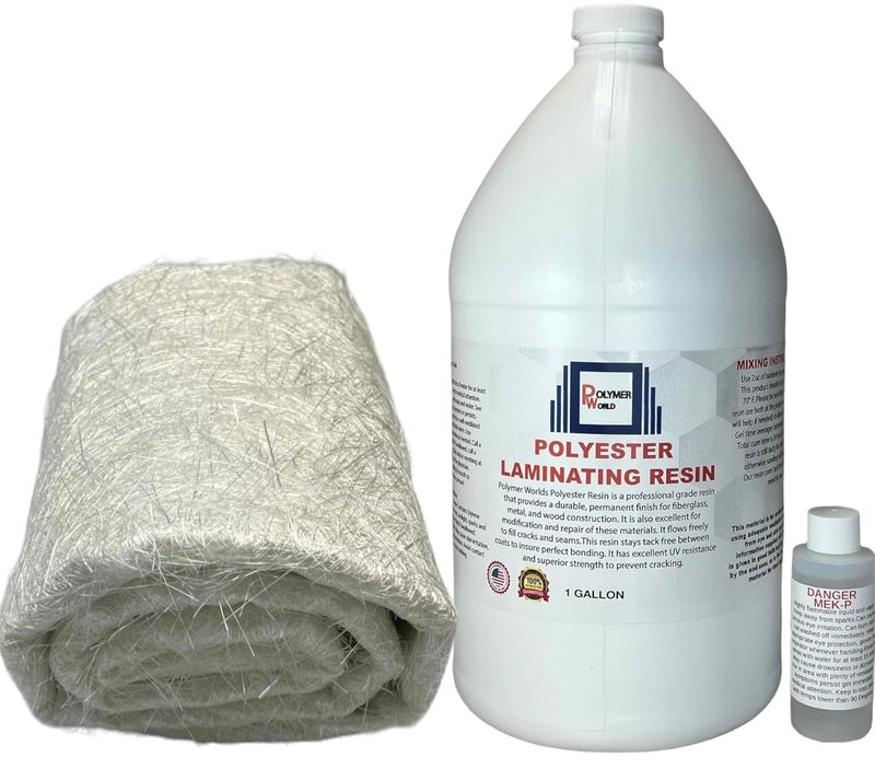 Polymer World - 1 Gal Polyester Resin with Rolled .75x50x5 Yard Chopped Strand Mat, Fiberglass Kit for Boats, Cars, Surfboard, RV, Canoes, Jetski, Watercraft, with MEKP - Image 1